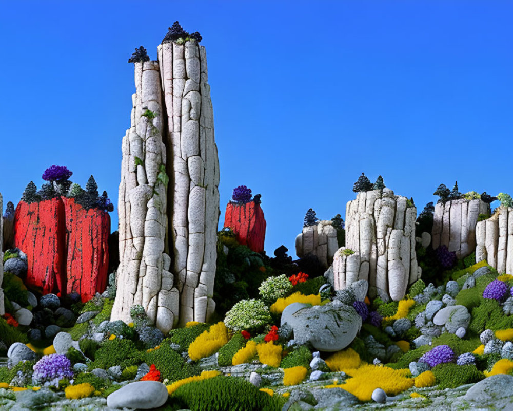 Vibrant Fantastical Landscape with Towering Rock Formations