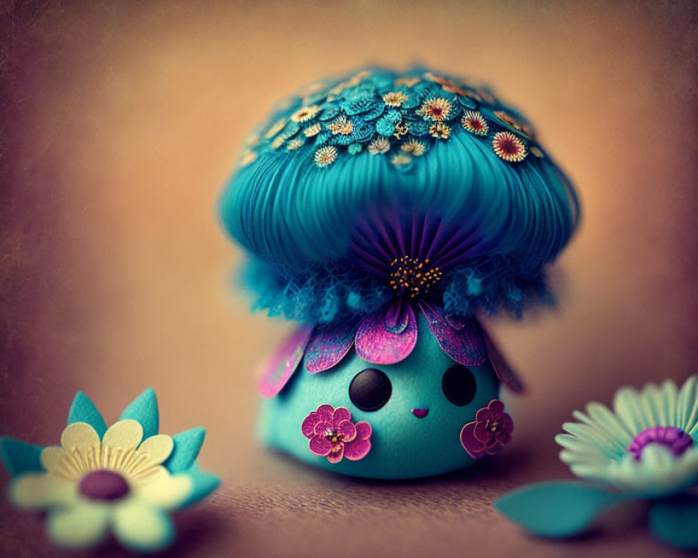Illustration of character with turquoise floral cap and rosy cheeks among stylized flowers on warm background