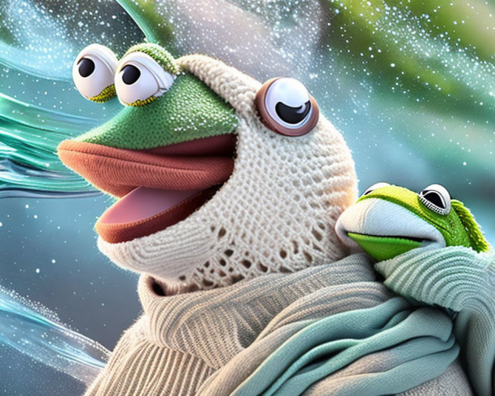 Whimsical 3D-rendered frogs in cozy knitwear on magical backdrop
