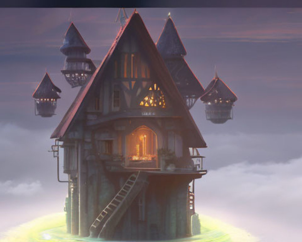 Fantasy House on Floating Island with Glowing Windows at Twilight