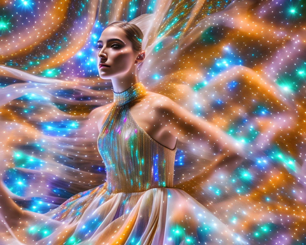 Ethereal Gown Against Sparkling Light Backdrop