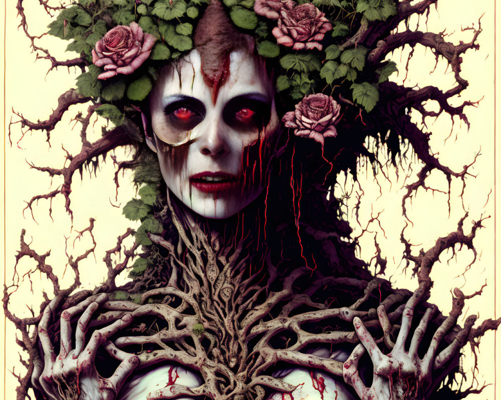 Surreal Figure with Tree-Like Texture and Red Eyes