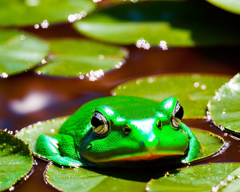 Vibrant Green Frog on Lily Pad in Calm Water Scene