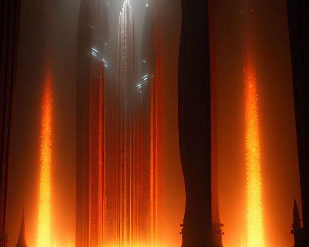 Futuristic cityscape with towering structures and glowing orange lights