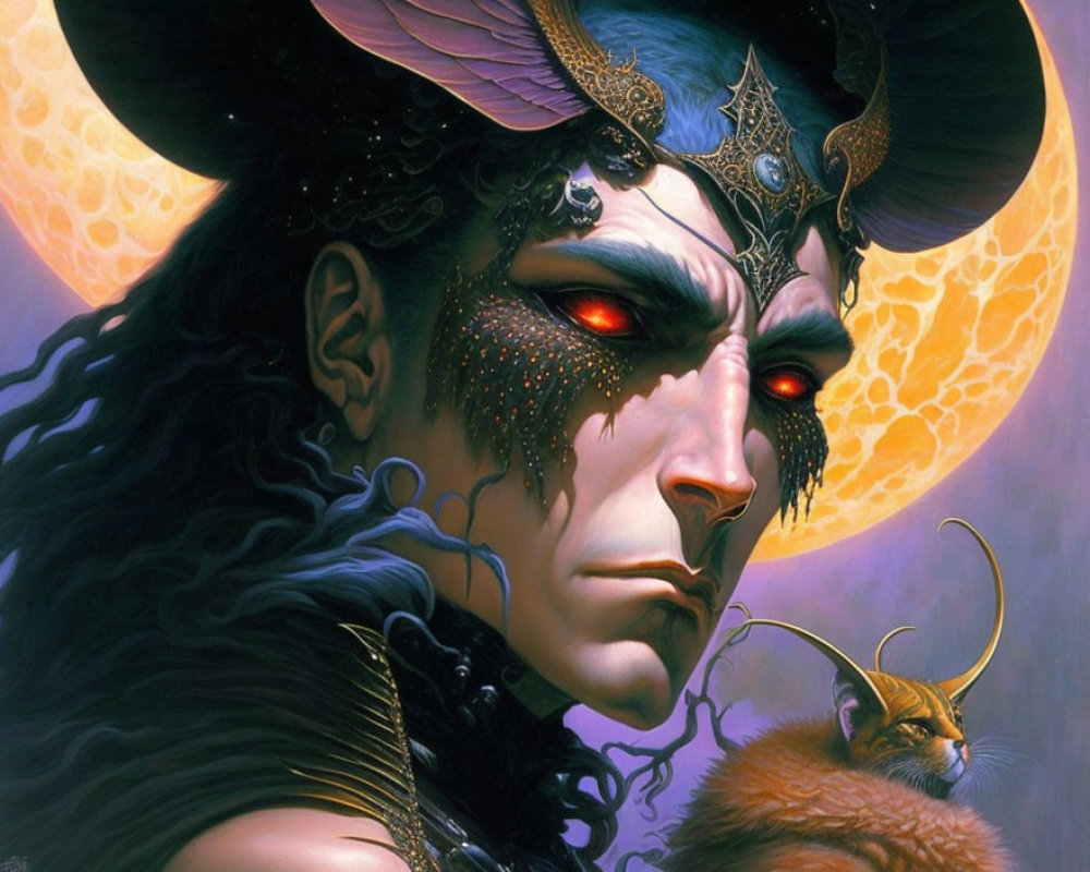 Fantasy male figure with horns and red eyes in helmet with small horned creature against dual-moon