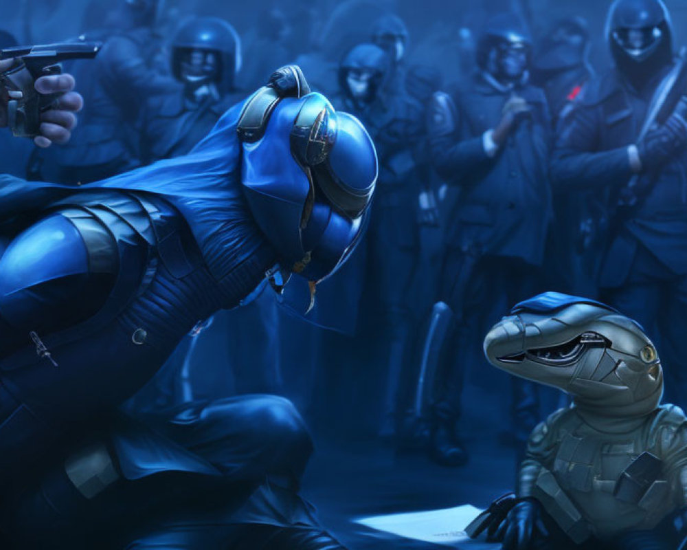 Futuristic warrior defeated by reptilian figure with armed troops in background