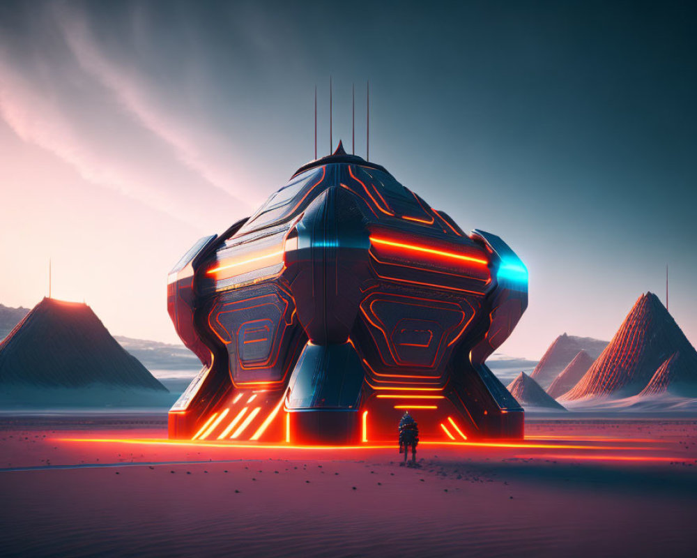 Futuristic structure with neon lights in desert landscape at dusk