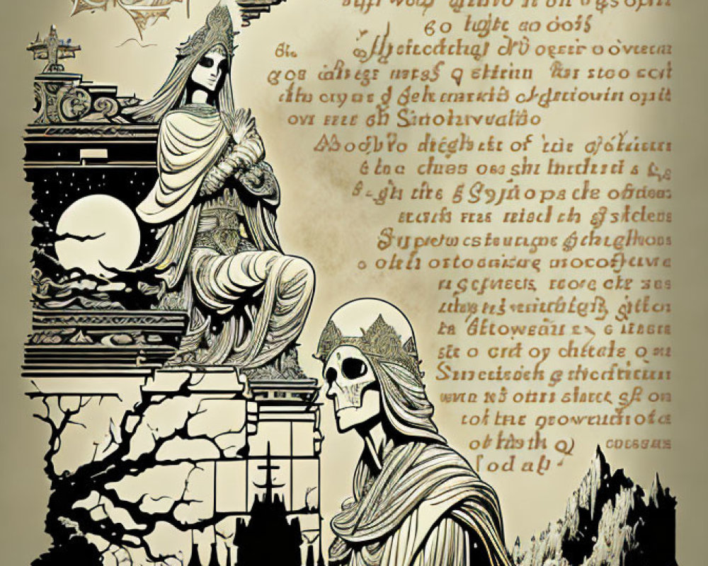 Mystical woman with long hair and skull, ancient script, celestial bodies