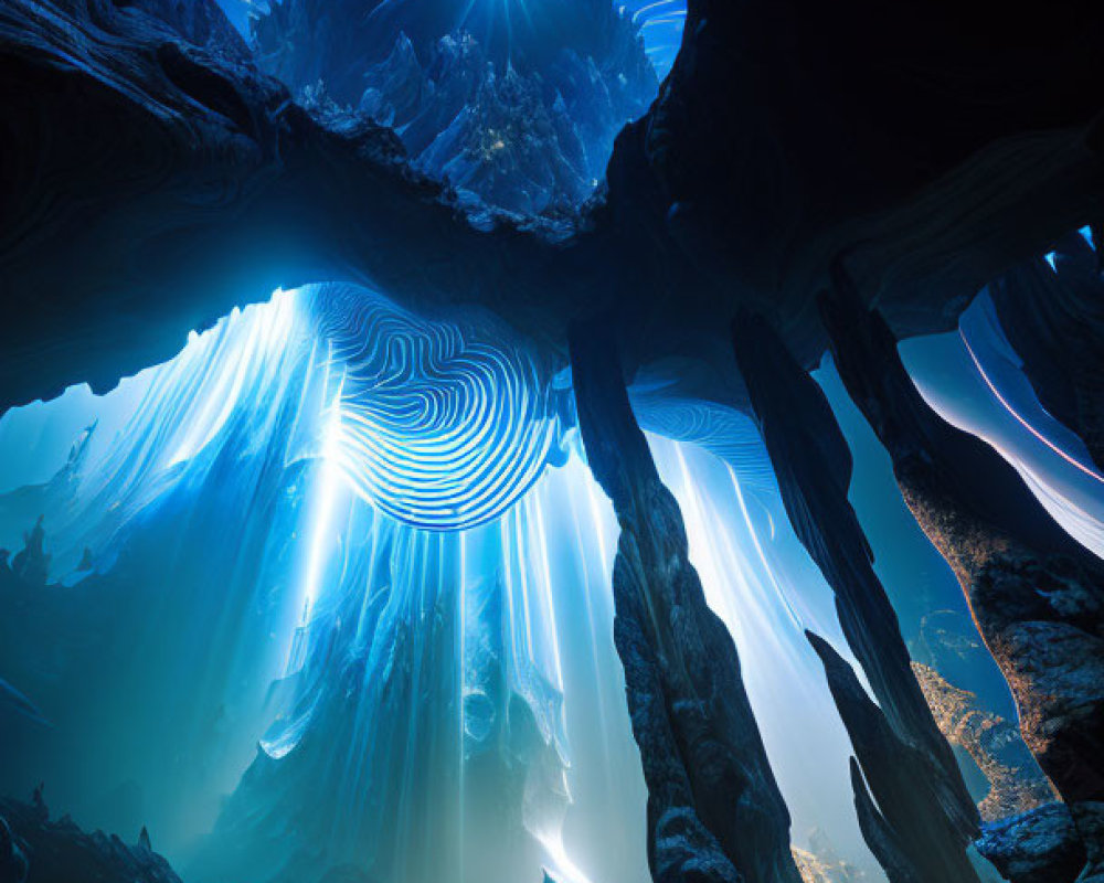 Ethereal blue-lit cave with dynamic striations and surreal celestial pattern
