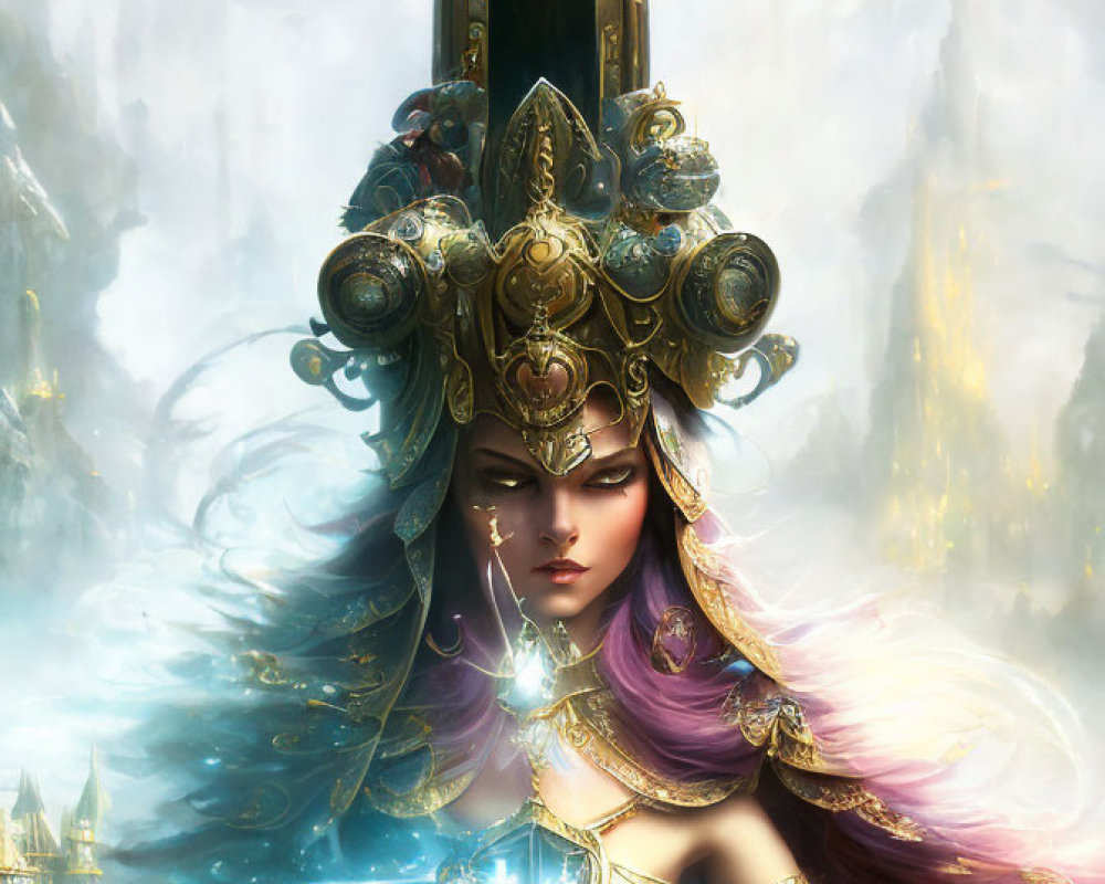 Illustrated fantasy queen with elaborate crown and glowing crystal in mystical foggy background
