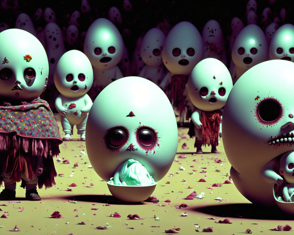 Egg-shaped characters with facial expressions and designs in dimly lit setting
