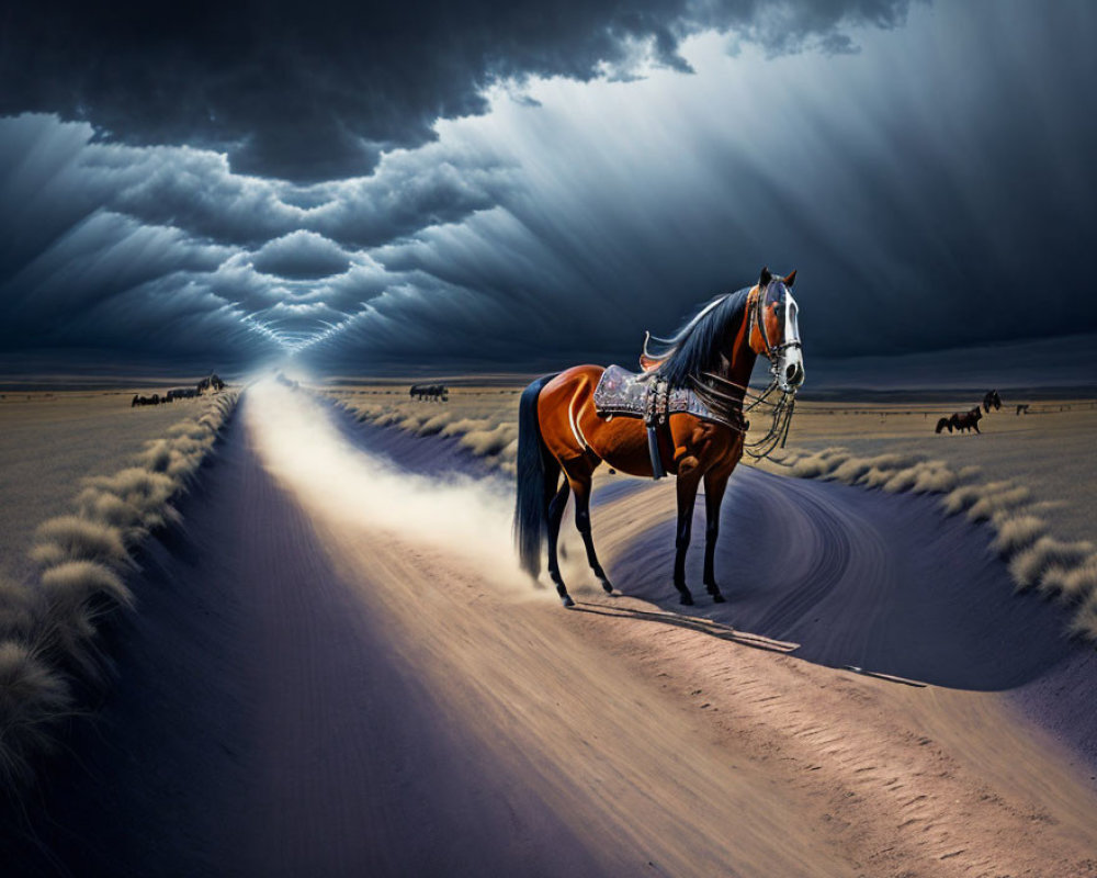 Majestic horse with saddle under stormy sky in sandy landscape