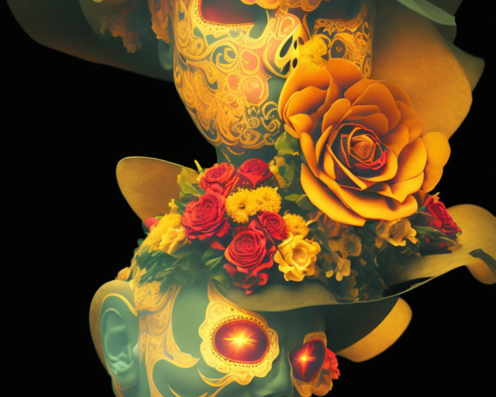 Decorative skulls with floral motifs and sombreros for Day of the Dead.
