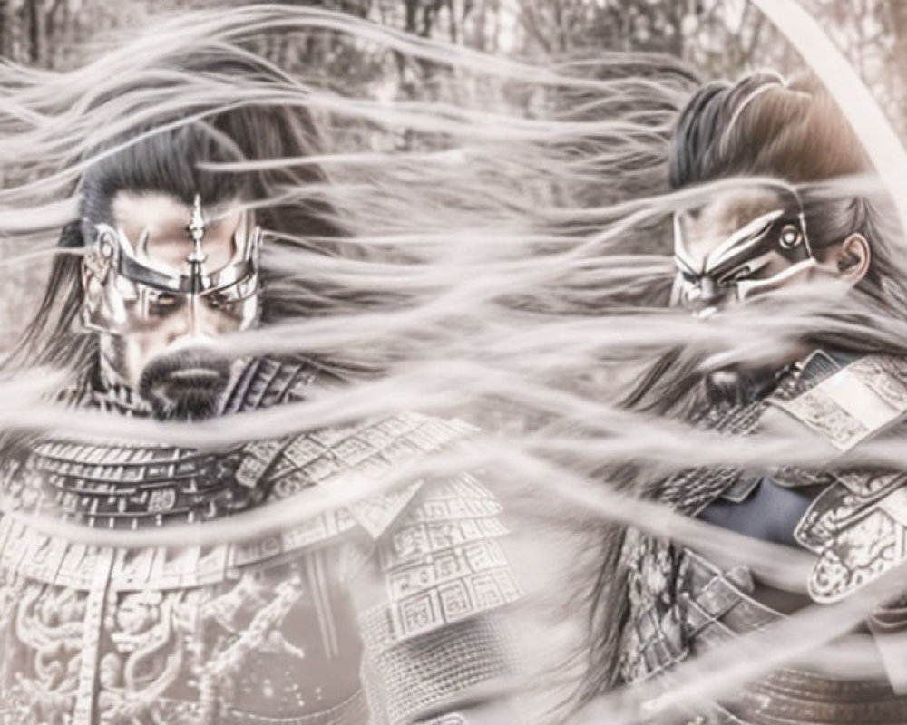 Two animated warriors in ancient armor with windswept hair in intense expressions against blurred natural background