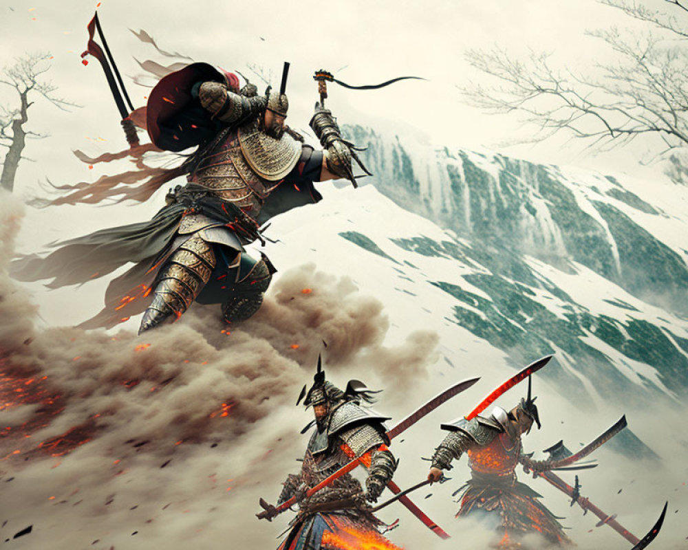 Samurai warriors battle with swords and armor in fiery explosions against snowy mountain backdrop