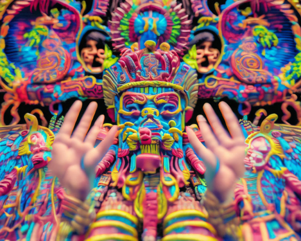 Colorful Psychedelic Artwork with Central Figure and Intricate Designs