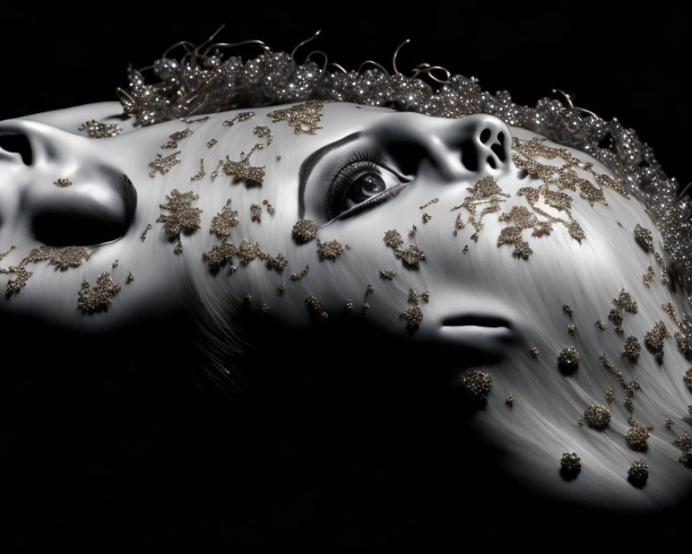 Grayscale profile portrait with metallic floral patterns and jewels