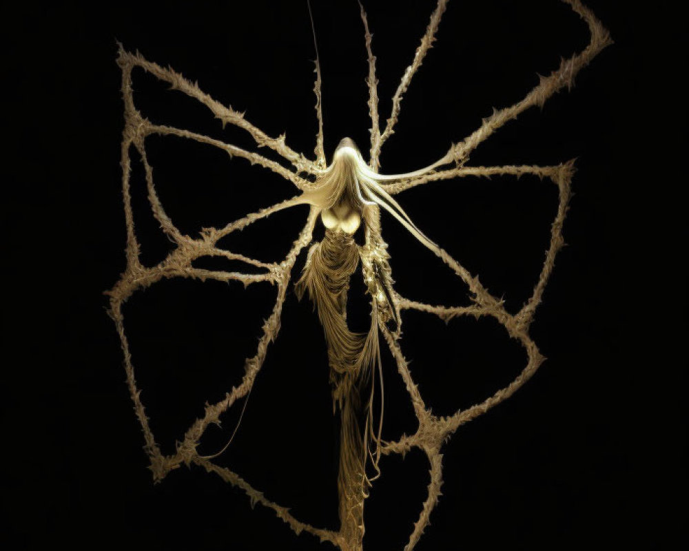 Abstract figure with long hair amid radiating lines on dark background