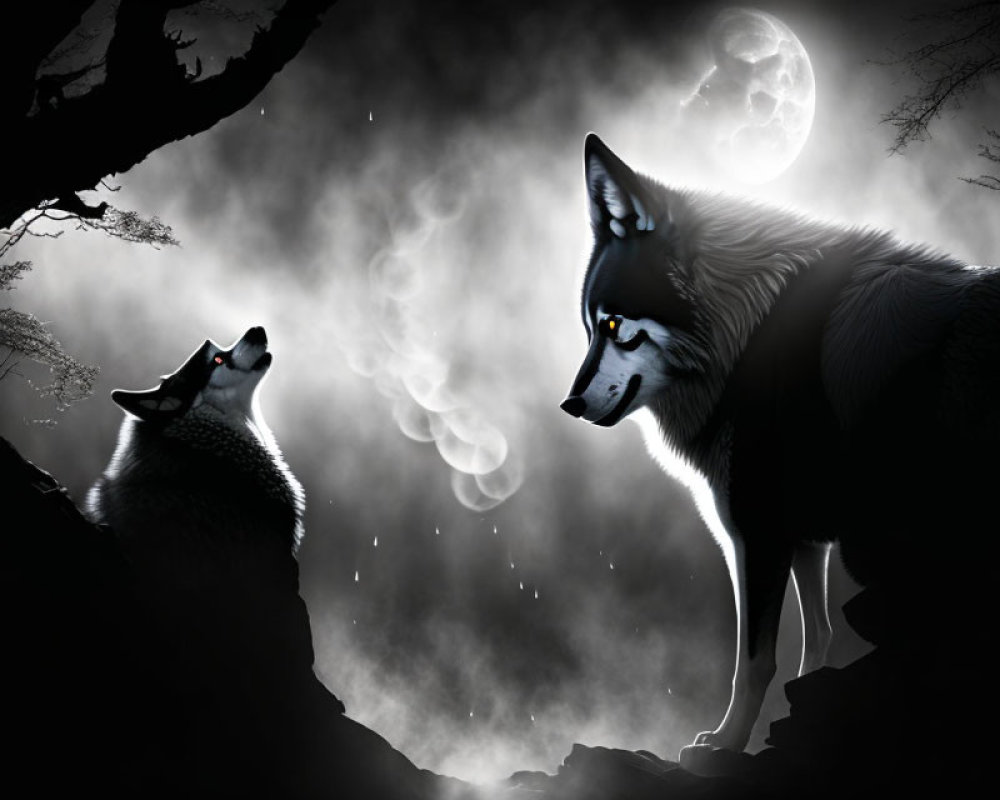 Misty night scene: Two wolves under full moon