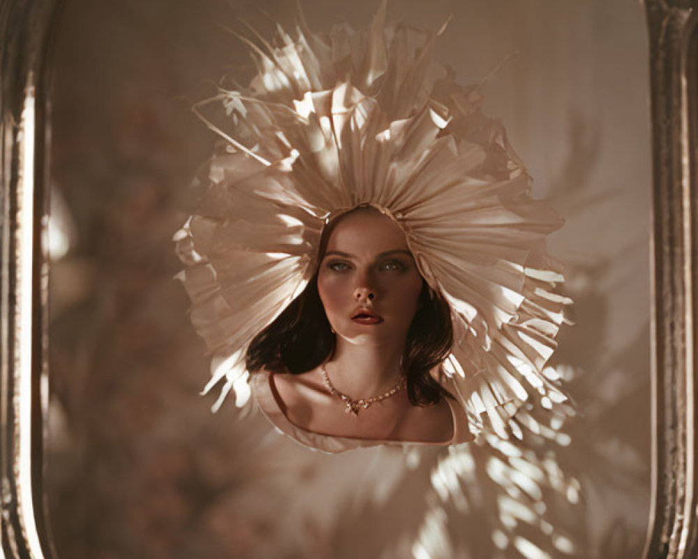 Woman with sun ray headdress reflected in antique mirror.