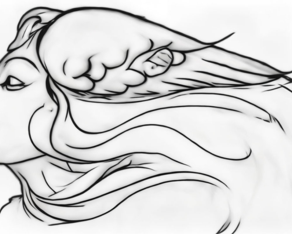 Monochrome illustration of woman with flowing hair and serene expression