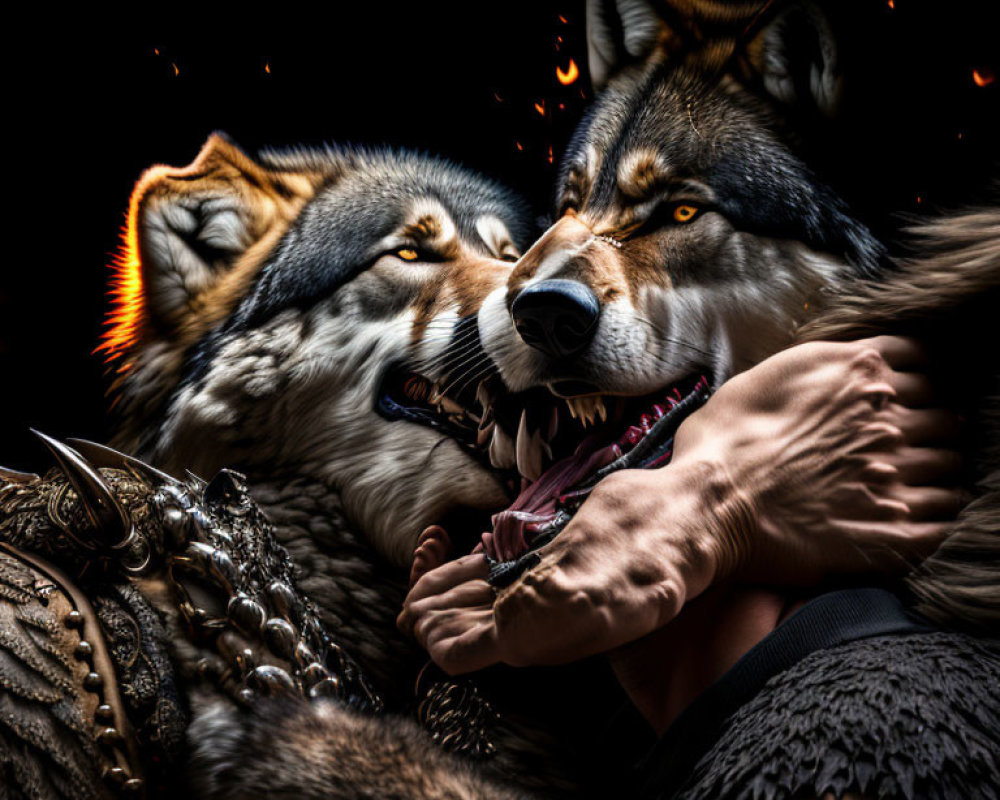 Fierce wolf confrontation with human intervention in fiery setting