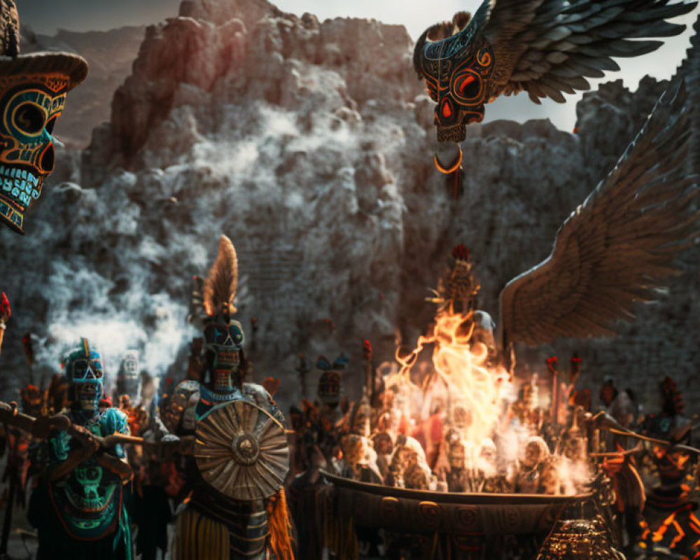 Traditional cultural ceremony features performers in eagle motif costumes by fire.