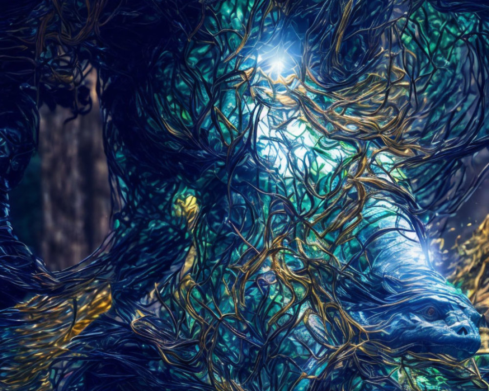 Blue and Golden Fantastical Creature in Mystical Light