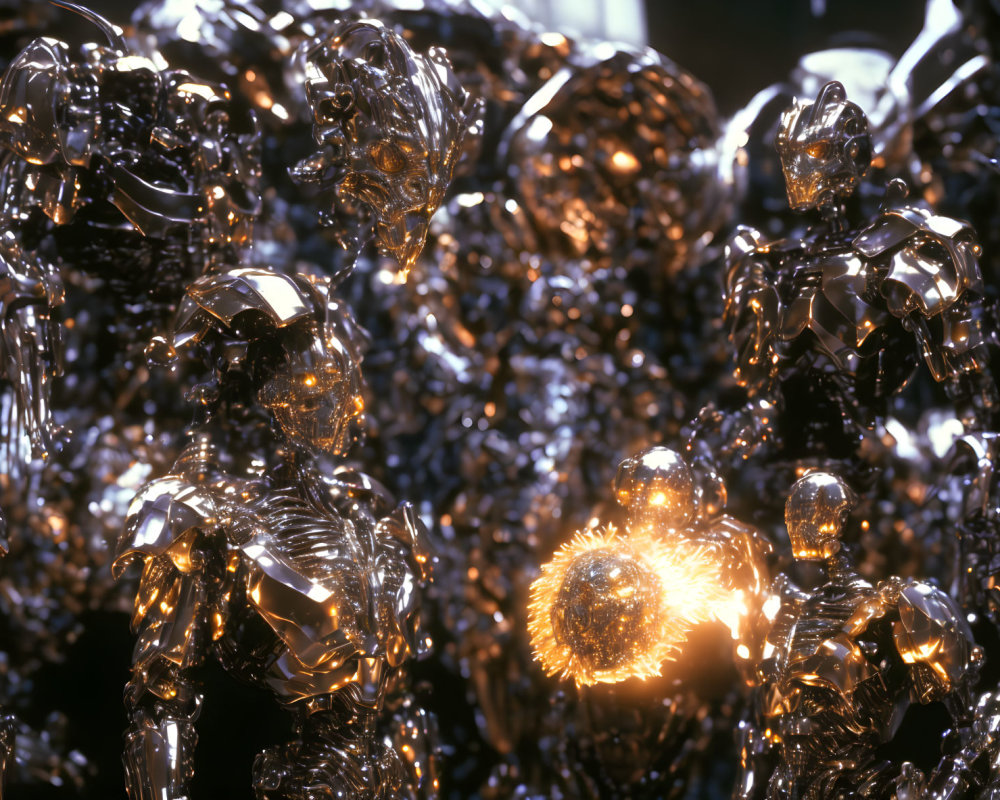Shiny metallic humanoid figures with glowing orb on dark background