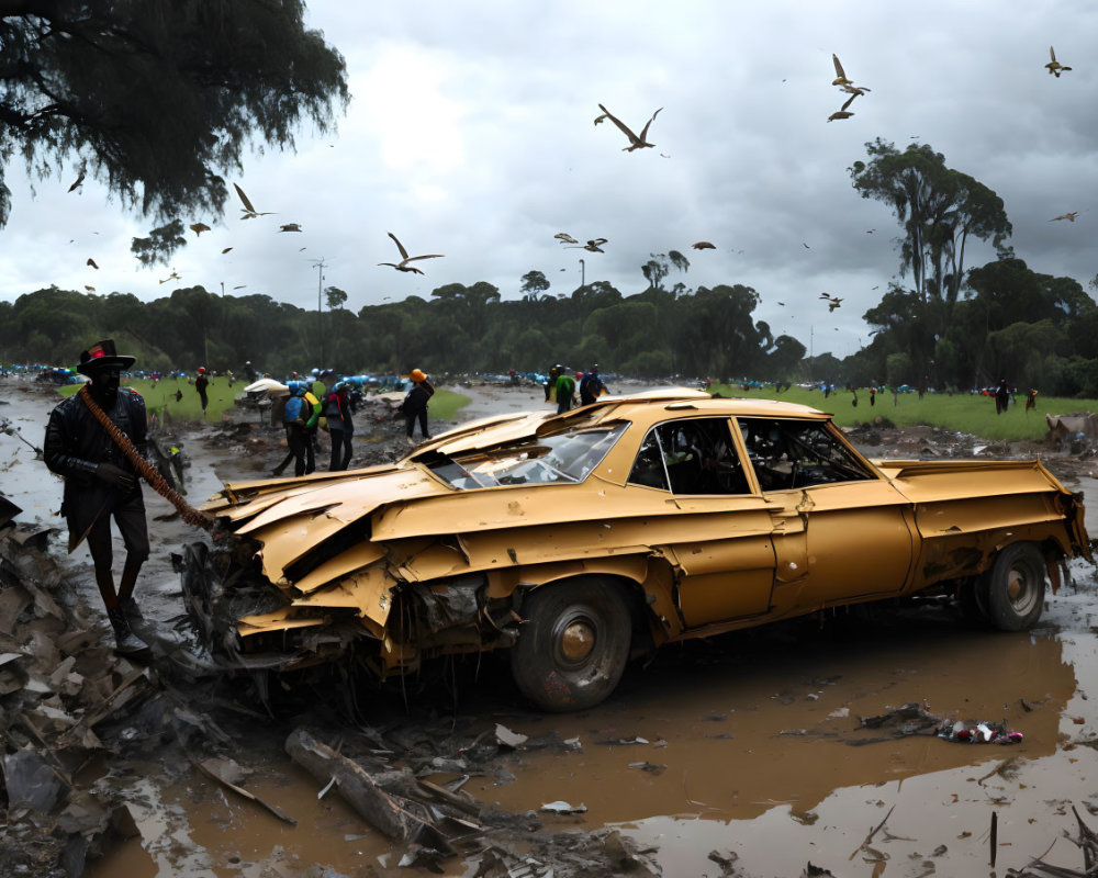 Yellow car damaged in storm debris with people and birds in background