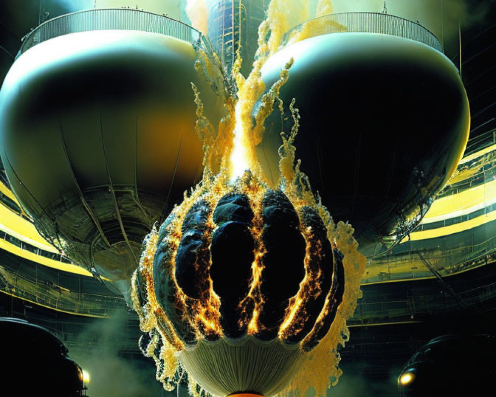 Large spherical structures in futuristic reactor emitting intense yellow and orange glow