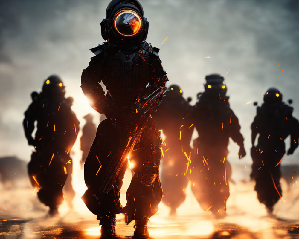 Futuristic soldiers in heavy armor and glowing visors on ember-filled battleground
