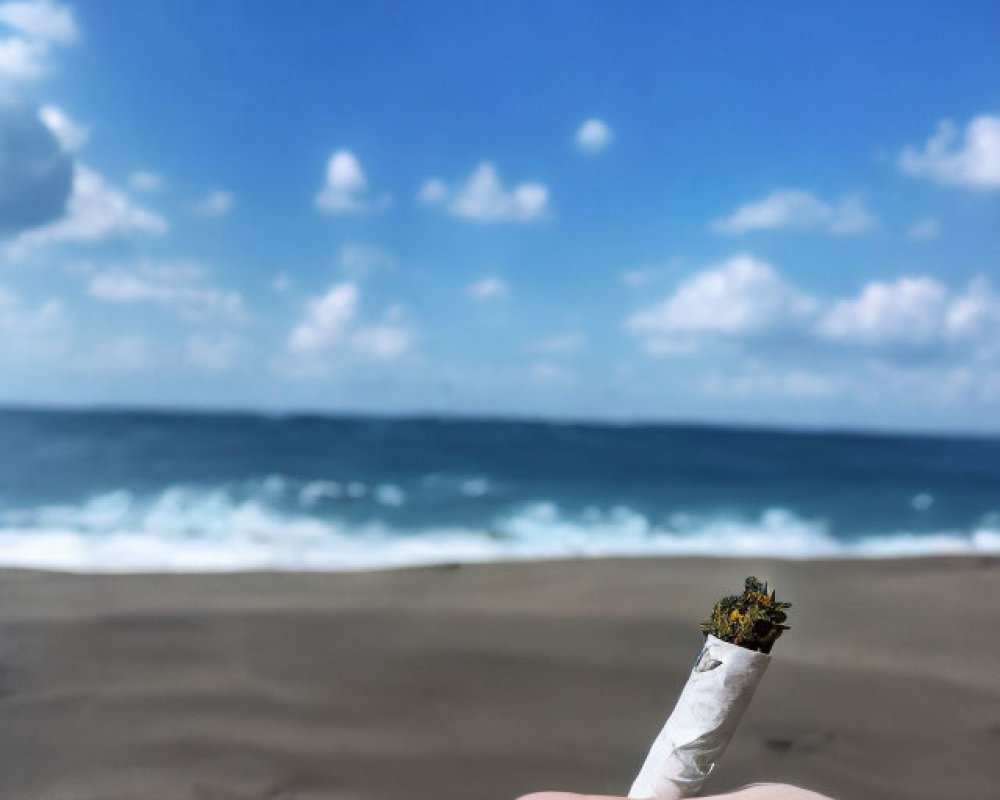 Close-Up of Hand Holding Lit Cigarette on Beach with Waves and Sky