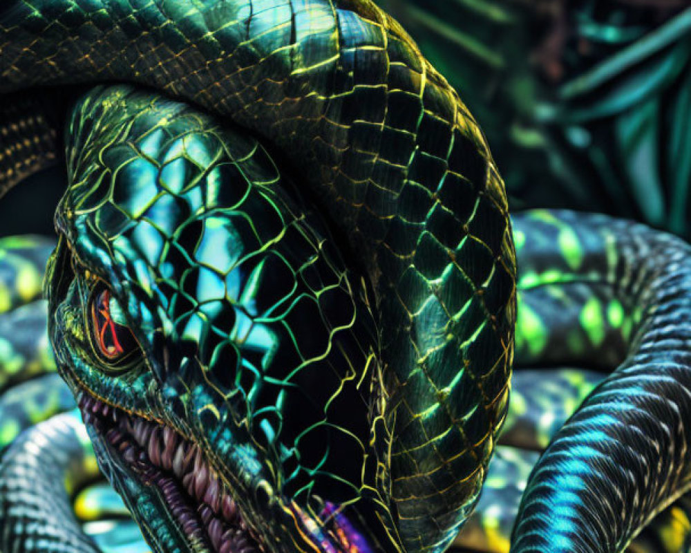 Detailed close-up of coiled snake with iridescent scales in lush foliage