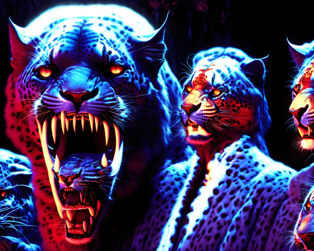 Vibrant digital art: snarling leopards in glowing blue and red.