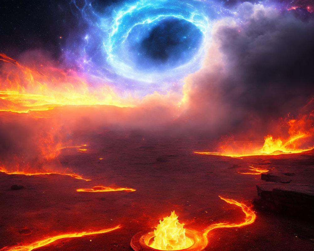 Surreal landscape with cosmic portal over volcanic terrain