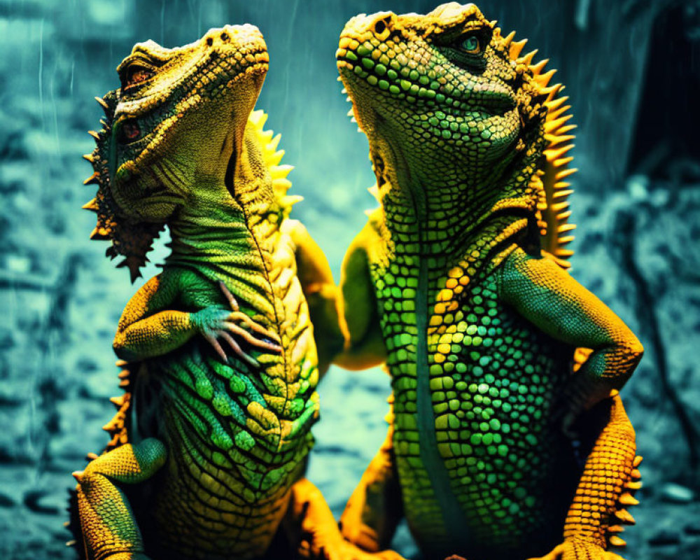 Two upright iguanas in dramatic lighting on misty blue background