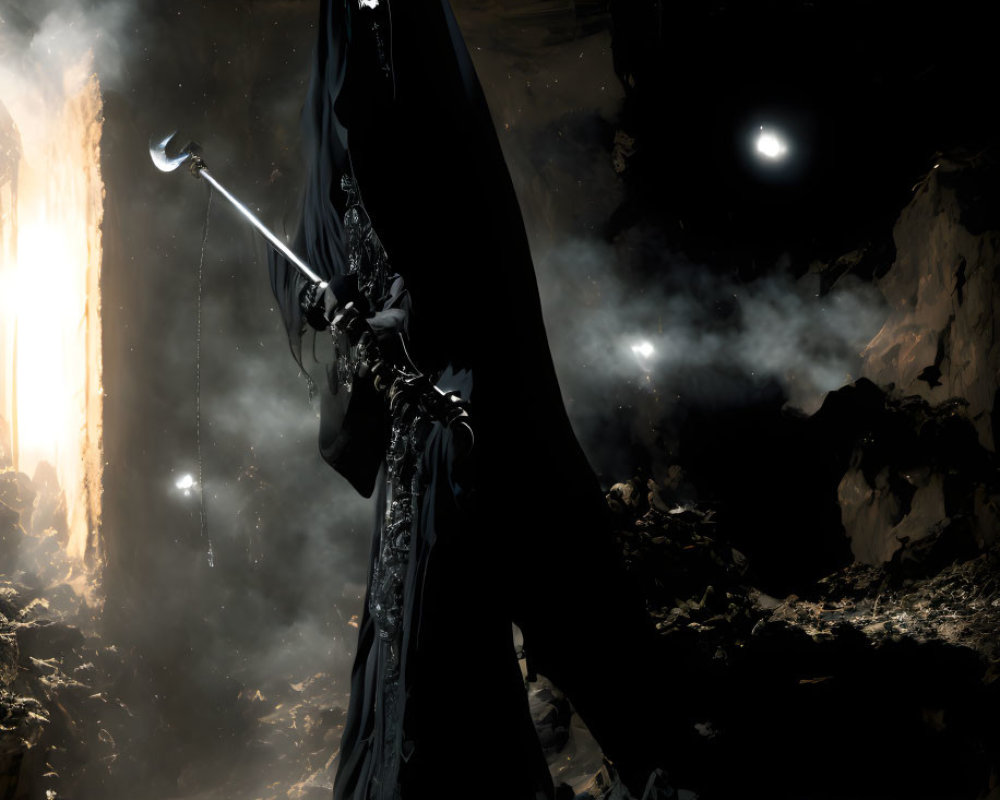 Skull-faced figure with scythe in misty cave setting