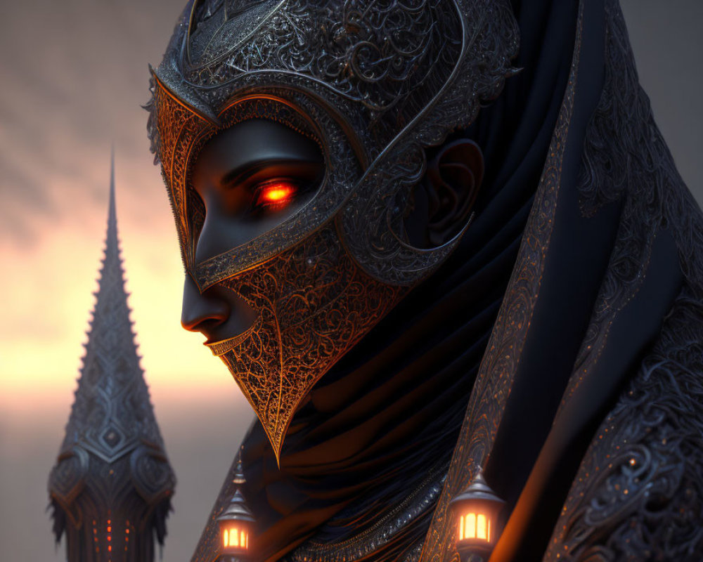 Detailed Metallic Mask with Glowing Red Eyes Against Sunset Sky