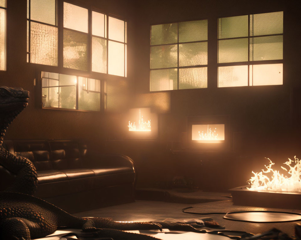 Warmly lit dusk room with snakes, leather sofa, fireplace, and sunset view