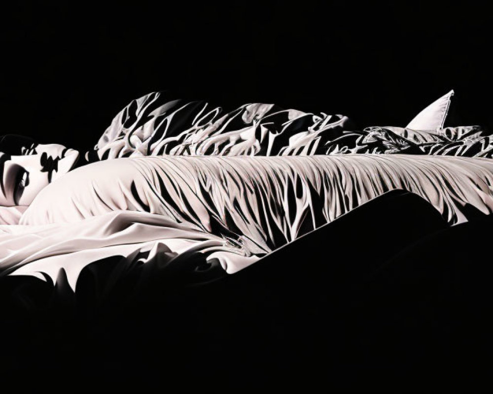 Monochrome artwork of person with feather-like patterns on dark background