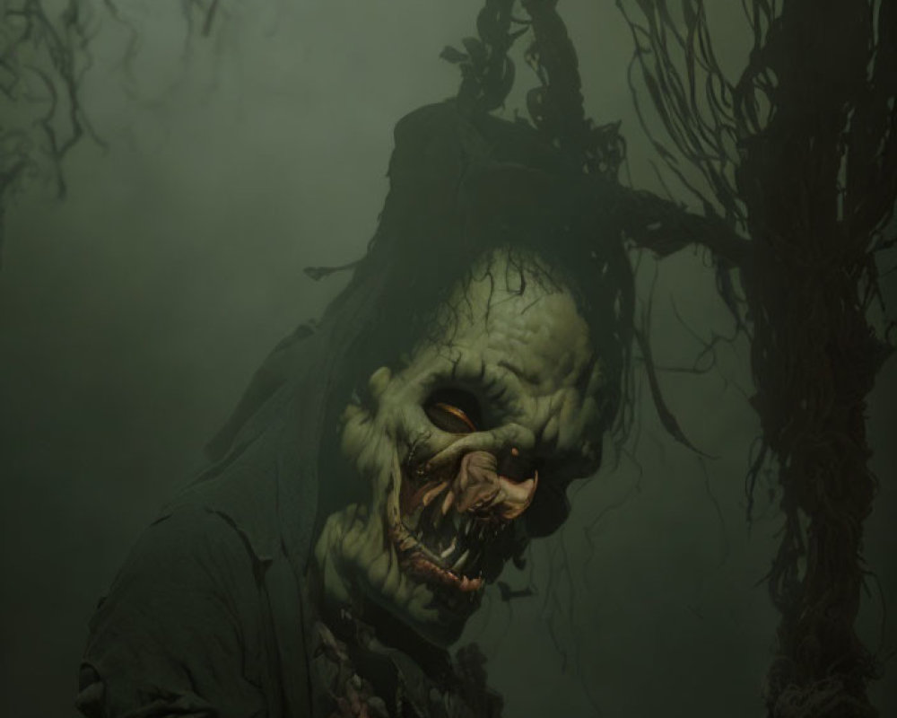 Grotesque creature with sharp teeth emerges from fog.