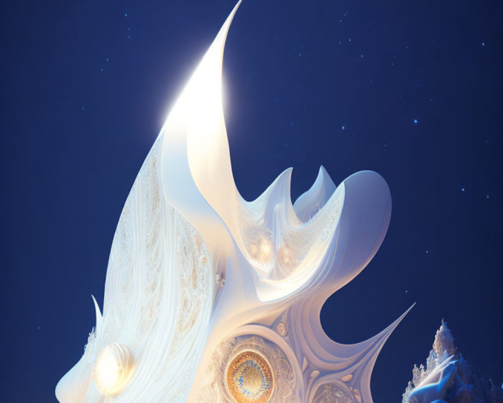 Intricate white fractal structure under starry night sky