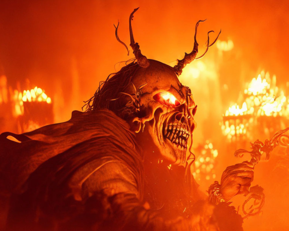 Sinister horned figure with skull face in fiery setting