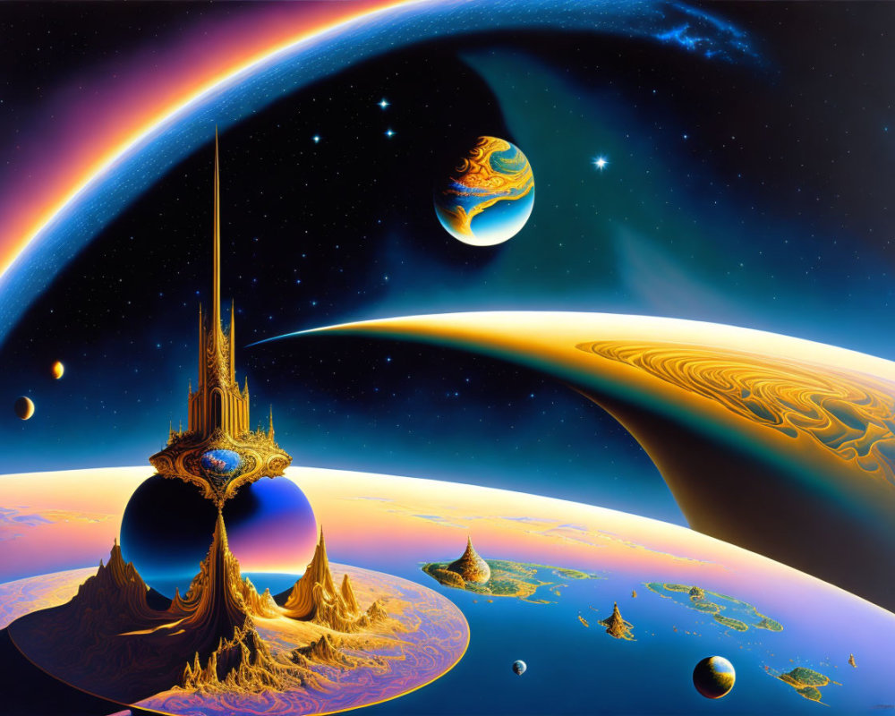 Colorful sci-fi landscape with towering structure, planets, rainbow arc, and swirling patterns