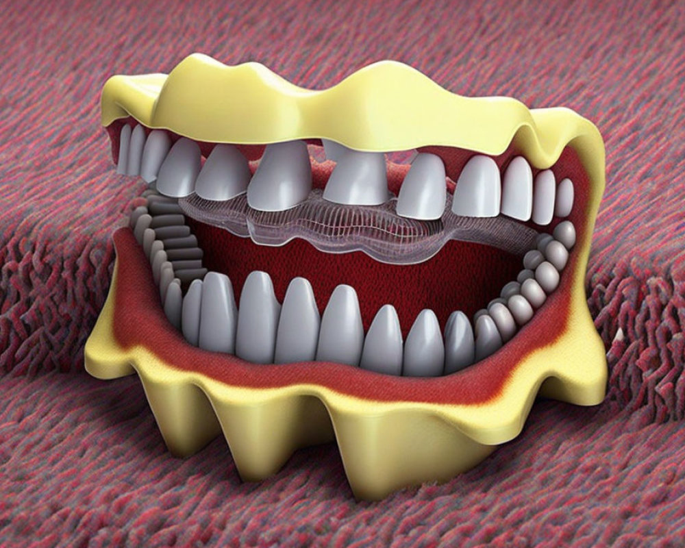 Illustration of oversized teeth and gums on red background