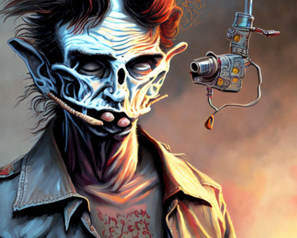 Illustration of punk-rock skeleton with mohawk and cybernetic arm.