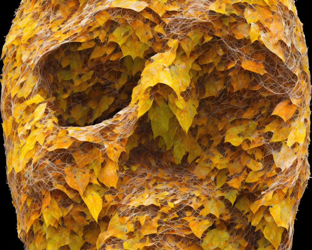 Spherical object with yellow and orange autumn leaves on black background