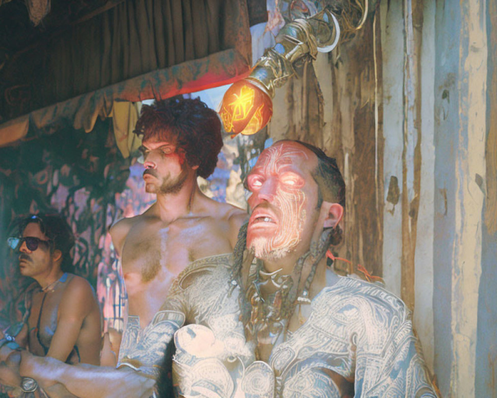 Two Men with Tribal Face Paint in Hut with Rustic Decor