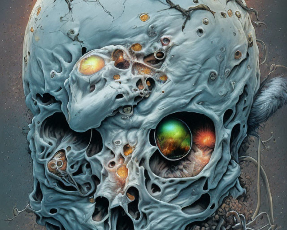 Detailed illustration of cracked skull with green eye and fiery elements